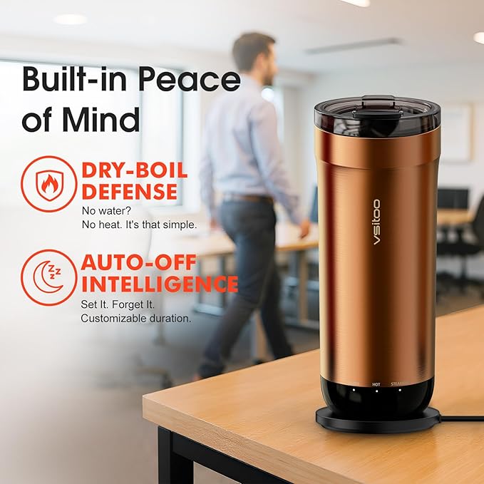 VSITOO S5 heated travel mug,16oz, Auto-Sensing AI Heats Drinks To 120-150°F Hands-Free. Temperature Control for All Cars, Perfect for Home/Office/Travel/Outdoor, Ideal Gift for Coffee Lovers - Copper