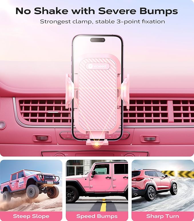 VICSEED Ultra Stable Pink Phone Holders for Your Car [Never Fall Off & Break] Universal Vent Cell Phone Mount for Car Easy Clamp Automobile Cradle for iPhone 17 Pro Max 16 15 14 Car Accessories Women