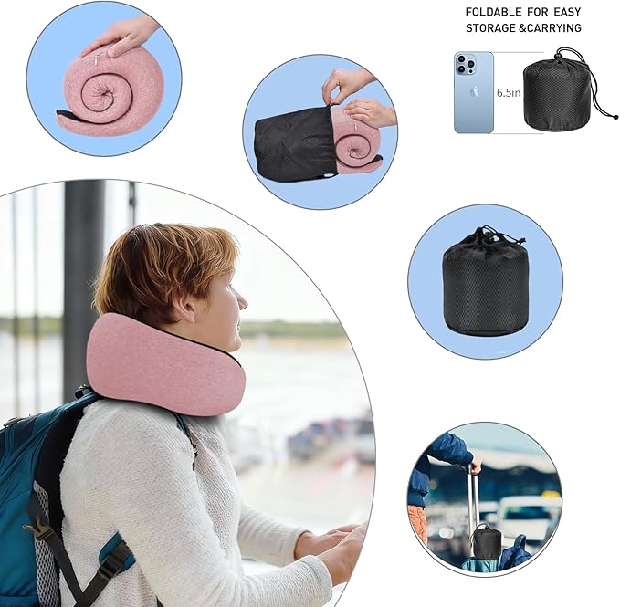 Neck Travel Pillows for Airplanes Memory Foam Neck Comfort Pillow Compact Ergonomic Design Sleeping Essentials for Long Flights Car Rides and Home Use (Pink)