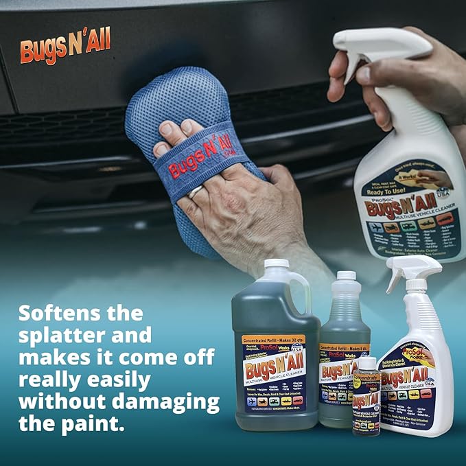 Bugs N’ All Multipurpose Car Cleaner & Degreaser - Bug & Tar Remover Concentrate 1 Gallon - Exterior Cleaner Safe for Car Paint, Metal, Chrome, Aluminum, Windows & Mirrors - w/Free 32 oz Spray Bottle