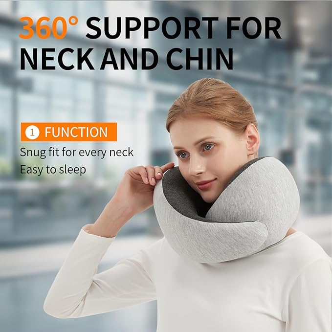 Travel Neck Pillow for Airplane – Memory Foam 360° Support Compact Design Ergonomic Flight Pillow for Sleeping & Neck Support Portable Travel Pillows for Adults, Car, Office Home (Grey)