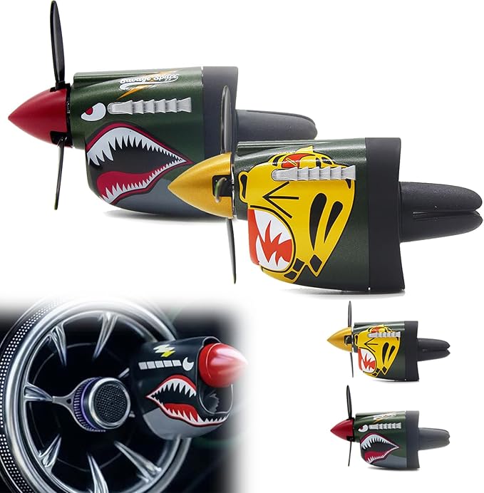P-40 Fighter Car Air Vent Decoration with Spinning Propeller, Vintage P40 Warhawk Air Freshener, Dashboard Decorations for Auto Interior Decor Gift (Green + Yellow)