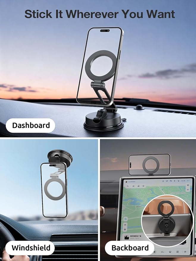 Foldable Magnetic Phone Holder for Car, 360°Rotation Cell Phone Car Mount with Strong Stable Suction, Car Phone Holder for MagSafe Compatible with iPhone 17 Pro Max 16 15 14 13 12 Plus