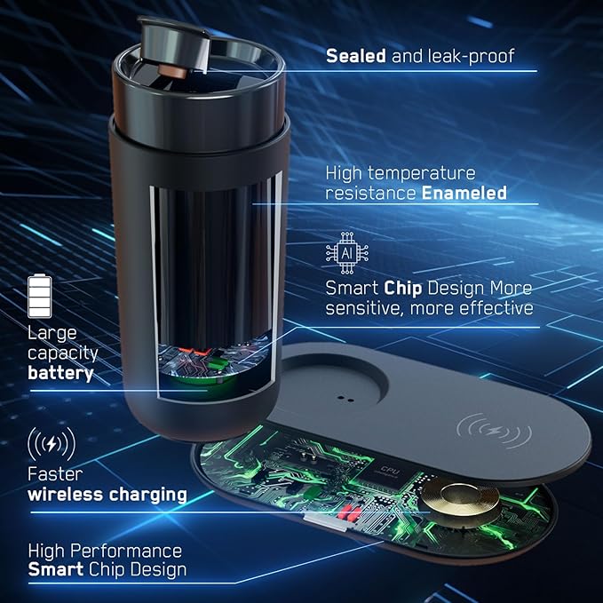 Temperature Control Heated Coffee Mug Smart Self Heating Travel Mug 12 Oz App Controlled Warmer Mug 4-10 Hour LED Display Keep Coffee Hot Fast Wireless Charger Base Dull Black