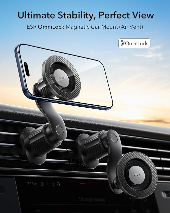 ESR OmniLock for MagSafe Car Mount, 360° Rotation, Car Phone Mount for Air Vent, Magnetic Phone Holder for iPhone 17/16/15/14/13/12, Google/Samsung/Android, All Smartphones(2 MagSafe Rings Included)