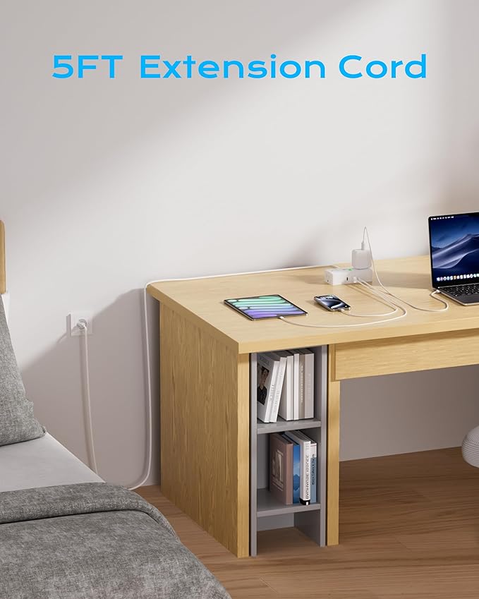 European Travel Plug Adapter, EU/UK/JP Plug Adapter, 4 AC Outlets, 3 USB Ports (2 USB C), 5ft Flat Extension Cord, Compact for Travel