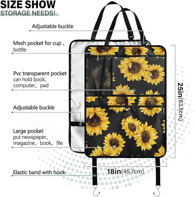 2 Pack Backseat Car Organizer with Storage Pockets Seat Back Organizers for Kids Kick Mats Backseat Protector Automotive Sunflower