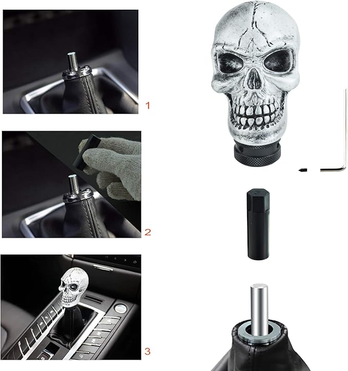 Lunsom Skull Gear Shift Knob Resin Shifter Head Car Transmission Shifting Stick Handle Fit Automatic Manual Vehicle (Silver)