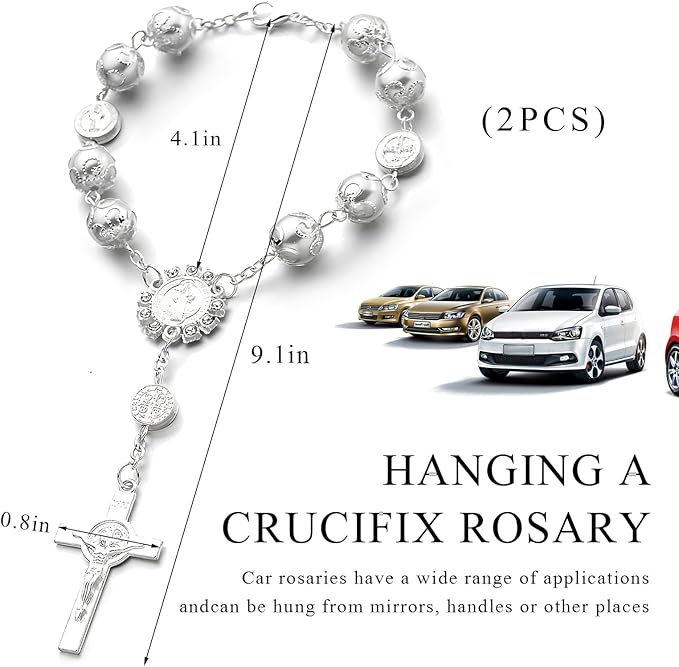 2 PCS Car Rosary for Rearview Mirror, Personalized Blessing Hanging Pendant for Car Rear View Mirror, Cross Rosary Ornament Interior Decor for Most Vehicles, Car Accessories (Silver)