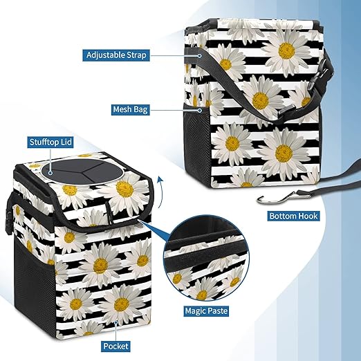 White Black Striped Daisy Car Trash Can with Lid Collapsible Reusable Waterproof Car Garage Bag,Automotive Garbage Can,Car Accessories Interior Car Organizer