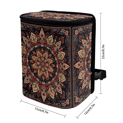 1.2 Gallon Mandala Print Car Trash Can with Leak-Proof Lid, Easy Install, Ideal for Family Trips and Camping