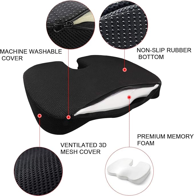 Seat Cushion Premium Memory Foam Non-Slip Coccyx Tailbone Cushion for Office Chair, Car Seat, Wheelchair, Yoga and Travelling- Back, Hip and Tailbone Pain Relief