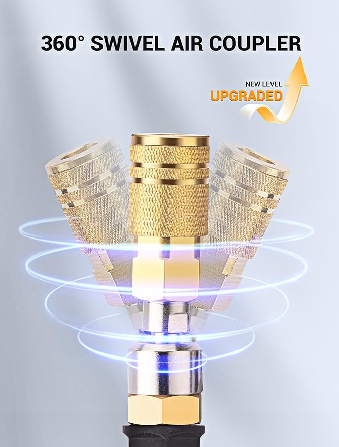 1/4 In x 28 Ft Polyurethane Recoil Air Compressor Hose, Upgraded Air Hose with Repairable Bend Restrictor, Air Hose kit w/ 360° Swivel 1/4" NPT Coupler & Brass Quick Connect Air Fittings