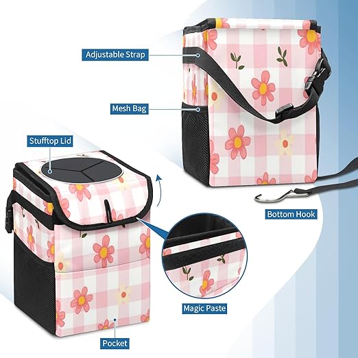 Car Trash Can with Lid, Small Portable Hanging Automotive Garbage Bin for Vehicles, Leakproof Waste Bag Container for SUV Truck Van Interior Auto Travel Road Trips(Pink Gingham)