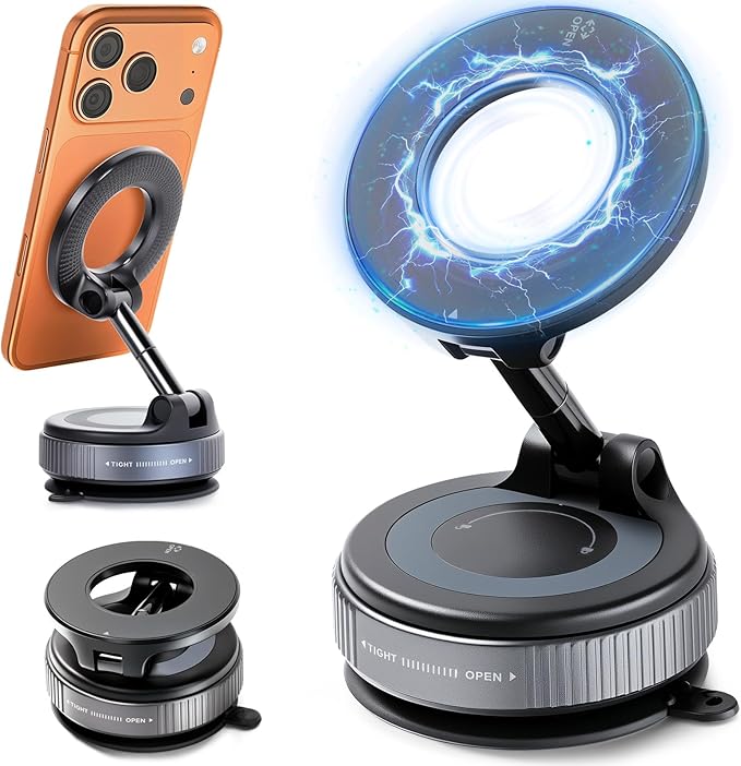 Vacuum Magnetic Car Phone Holder, 360° Adjustable Magsafe Car Mount with Strong Suction Cup for iPhone Android All Smartphones，Foldable Magnetic Phone Holder for Car/Gym/Mirror/Smooth Surface