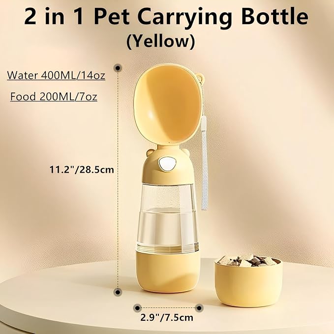 2 in 1 Dog Water Bottle with Food Container, Portable Dogs Water Dispenser, Outdoor Drink Bottles for Puppy, Cat, Pet, Essential Items for Travel, Walking, Hiking, Pet Accessories (Yellow)