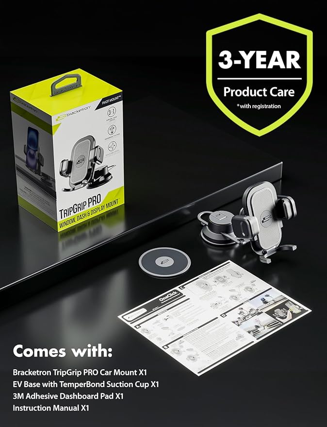 Bracketron TripGripPro Suction Cup Phone Mount for Car - 3-in-1 Tesla Phone Mount with 360° Rotation, Temperbond Suction Technology for Windshield Dashboard Display