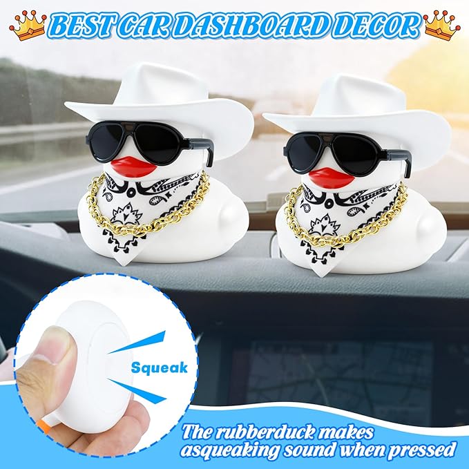 BOZILY White Cowboy Hat Rubber Duck, Cute Car Dashboard Decoration Duck with White Cowboy Hat, Sunglasses, Gold Necklace & White Bib, Squeaky Silicone Ornament for Car Interior Home Office