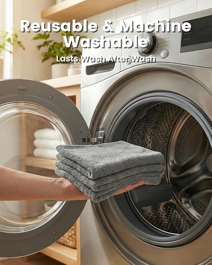 POPCHOSE Microfiber Towels 12 Pack for Cars, Super Absorbent Cleaning Cloths, Lint Free Streak Free Towels for Car Detailing, Household, Kitchen, Glass & Tools, Grey