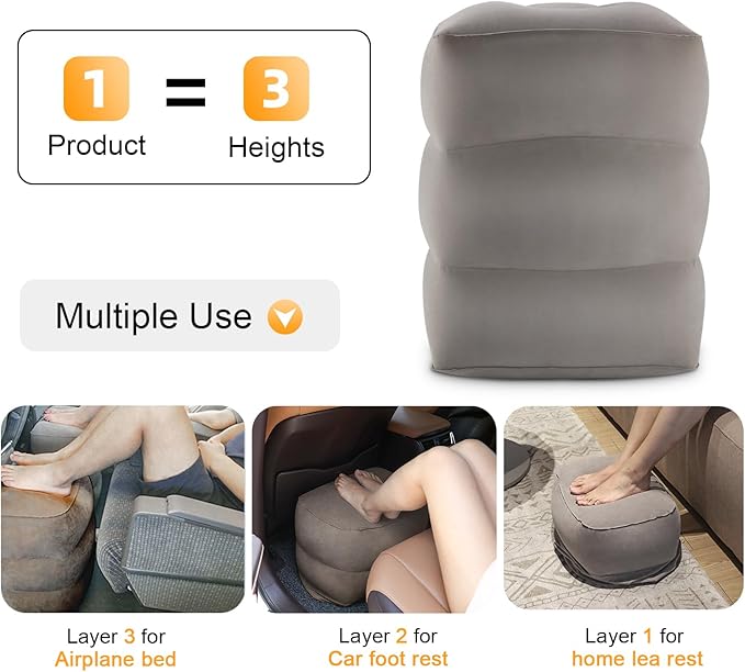 Inflatable Travel Foot Rest Pillow, Kids Airplane Bed, Adjustable Height Leg Pillow for Air Travel, Make a Flat Bed for Kids and Toddlers, Great for Airplane, Train, Car（Grey, 1 Pack）