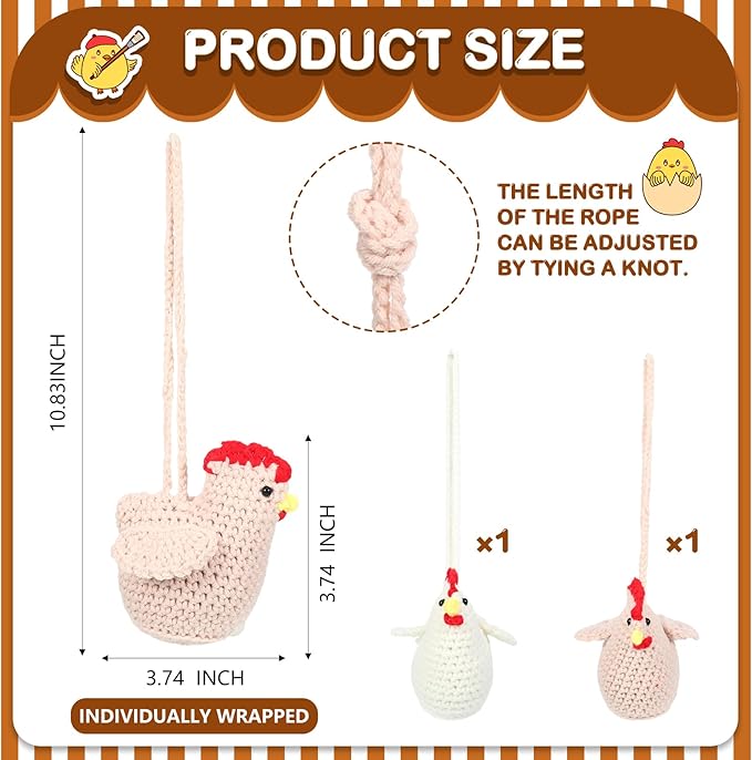 Soulchen 2 Pcs Handmade Crochet Car Air Freshener Cute Chicken Air Freshener Crochet Chicken Car Accessories Rearview Mirror Hanging Accessories for Automotive Interior Home Office Decor, Brown White