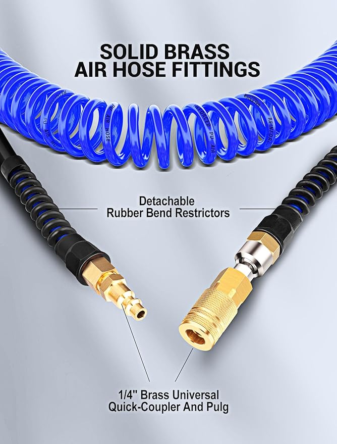 1/4 In x 28 Ft Polyurethane Recoil Air Compressor Hose, Upgraded Air Hose with Repairable Bend Restrictor, Air Hose kit w/ 360° Swivel 1/4" NPT Coupler & Brass Quick Connect Air Fittings