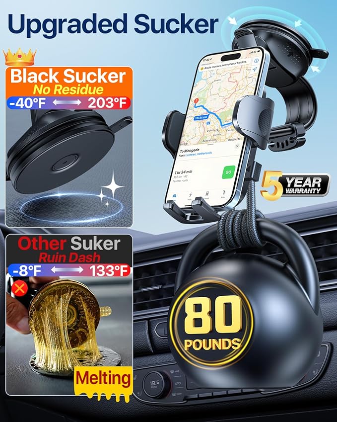 HTU Upgraded Strongest Suction Car Phone Holder Bendable Arm, Never Block View Rotatable Cellphone Mount for Dashboard Windshield Vent, Cradle Stand for iPhone 17 16 15 14 13 12 Pro Max (Red)