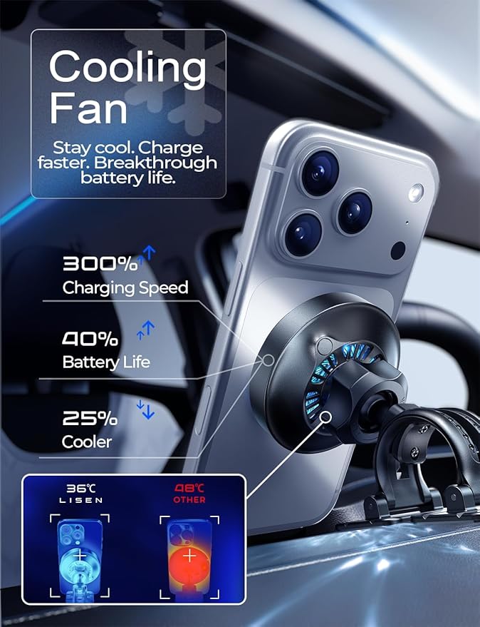 LISEN for Qi2.2 25W MagSafe Car Mount Charger，[Top Spec with Cooling Fan＆95W Fast Adapter] 25W iPhone 17 Pro Max Car Charger Fast Charging for iPhone 17 Pro Max Plus Air 16-12 Series,Pixel 10 Pro XL