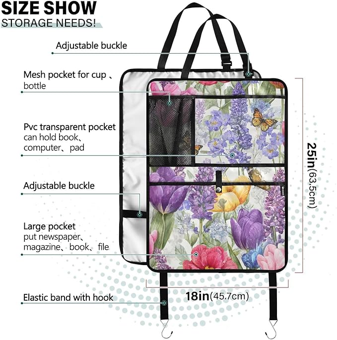 1 Pack Back Seat Car Organizer with Storage Pockets Kick Mats Back Seat Protector Hanging Car Organizer Automotive Seat Back Cover Organizers Tulips Lavenders Purple Butterfly