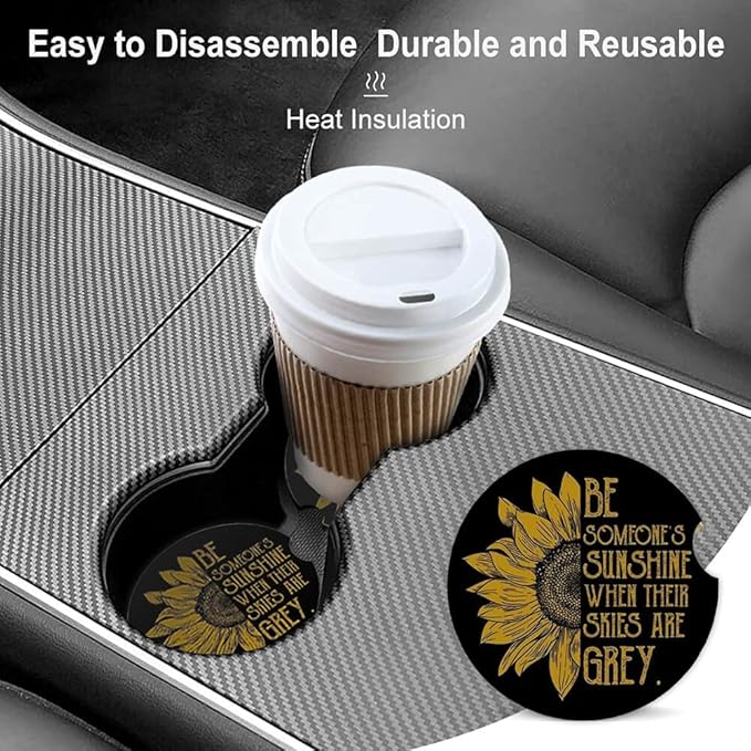 Ceramic Cup Holders Car Coasters for Women/Men,Sunflower Design Absorbent Drink Cup Car Holder Coasters with A Finger Notch 2.56" Pack of 2,Sunflower Stripes Design