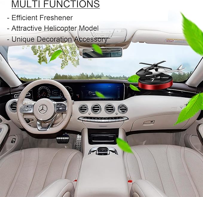 Al Alloy Solar Powered Rotating Helicopter Shape Car air purifier, Home and Car Interior Decoration Accessories (Red)