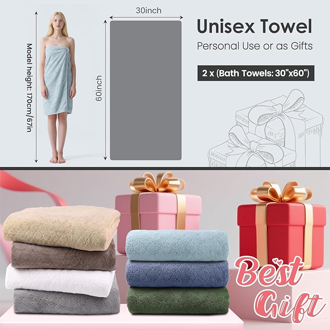 JML Bath Towels Pack of 2, 30 in x 60 in, Large Microfiber Bath Towel Set, Ultra Soft, Super Absorbent, Fast Drying, Use for Sauna, Sport, Travel, Fitness, SPA, Yoga,Coral Fleece -Light Blue