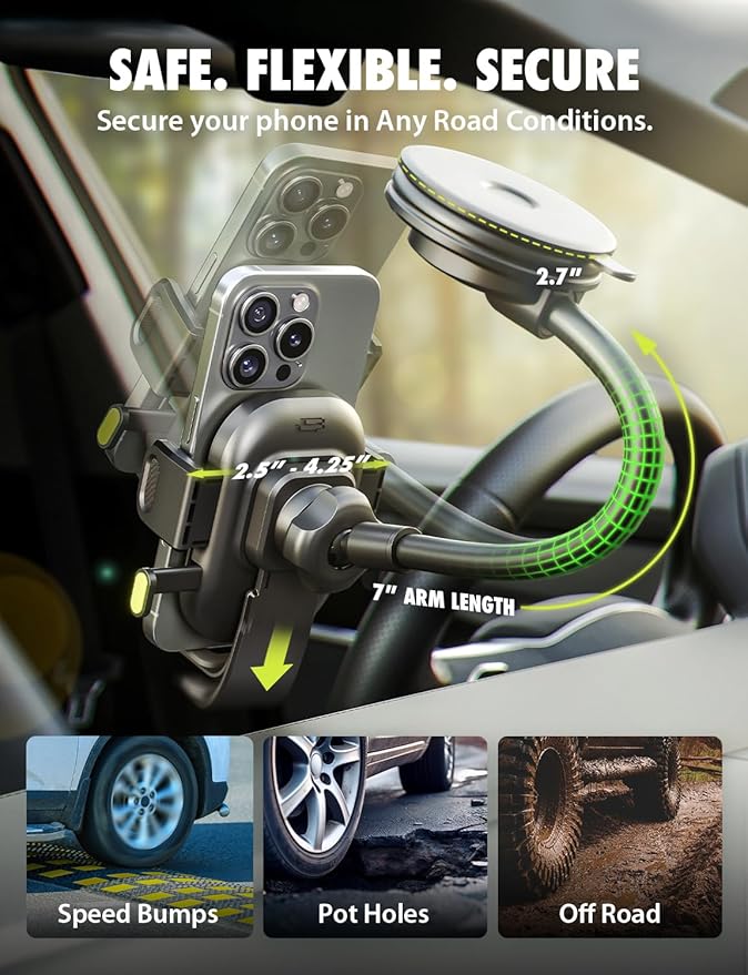 Bracketron OneClick Flexible Phone Holder for Car Dashboard,Windshield & Vent,3 in 1 Car Phone Holder with 7" Adjustable Gooseneck Arm,360 Rotation Car Phone Mount for All iPhone Android Smartphone.