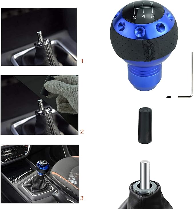 Lunsom 5 Speed Leather Shift Knob, Manual Transmission Handle Ball Gear Stick Shifter Head Fit Most Transmission Vehicle (Blue&Black)
