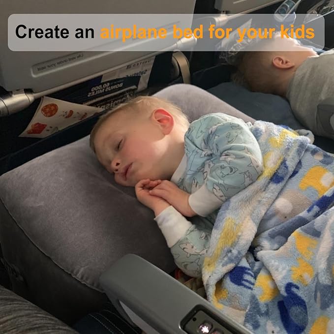 Inflatable Travel Foot Rest Pillow, Kids Airplane Bed, Adjustable Height Leg Pillow for Air Travel, Make a Flat Bed for Kids and Toddlers, Great for Airplane, Train, Car（Grey, 1 Pack）