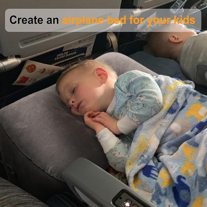 Inflatable Travel Foot Rest Pillow, Kids Airplane Bed, Adjustable Height Leg Pillow, Make a Flat Bed for Toddler, Fits for Airplane, Car（Grey, 2 Pack）