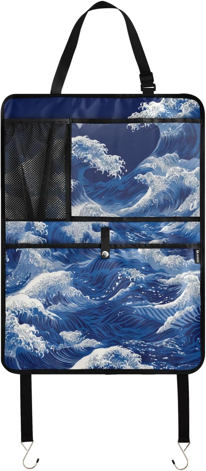1 Pack Back Seat Car Organizer with Storage Pockets Kick Mats Back Seat Protector Hanging Car Organizer Automotive Seat Back Cover Organizers Japanese Deep Blue Sea Waves