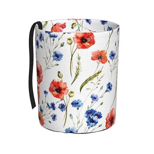 Car Trash Bag Watercolor Red Blue Flowers Waterproof Trash Small Car Can Portable Collapsible Car Garbage Can Hanging for Back Seat Floor or Hanging Headrest Car Decor Road Trip Essentials