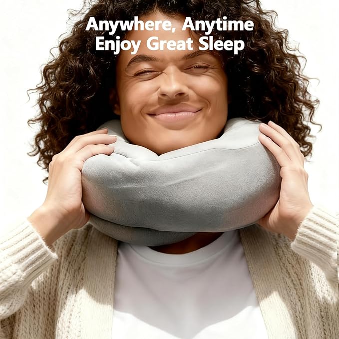 Travel Neck Pillows, Memory Foam Neck Travel Pillow for Airplanes,360° Ergonomic Design, Compact & Portable Support for Airplane, Car Rides, Office - Gray