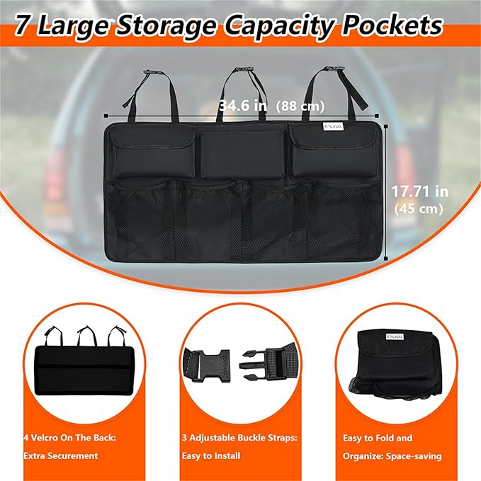 Car Trunk Organizer, Large Capacity Organizers and Storage, Equipped with 7 Durable Pockets, Hanging Trunk Organizer with Hook Side Strips, Sapce-saving Car Accessories Interior