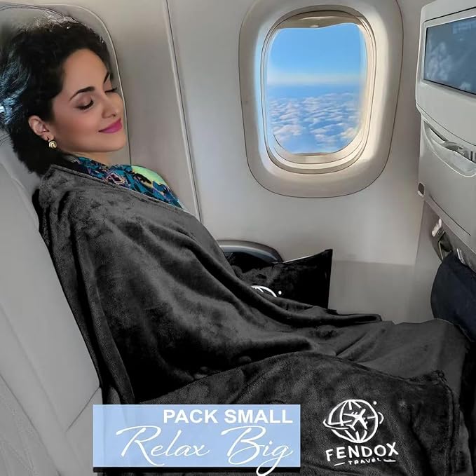 2-in-1 Travel Blanket and Pillow – Lightweight, Compact, Ultra Soft, Machine Washable – Handle, Luggage Sleeve, Backpack Clip – for Travel Airplane, Car, Office (Black)