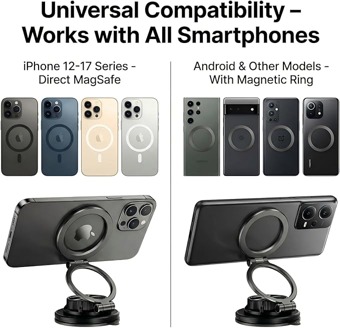 Vacuum Magnetic Car Phone Mount, 120+LB N55 Magnet (3000gf) Dashboard & Windshield Holder with Ultra-Stable Suction Cup, Foldable 0.83in Compact Car Mount for iPhone Samsung –Black