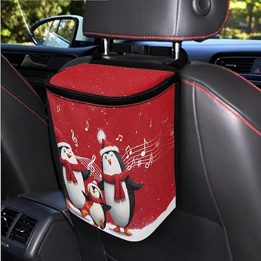 1.2 Gallons Car Trash Cans, Christmas Penguins Car Trash Can Small, Adjustable Hanging for Tail of Console/Back of Seat, Odor-Free with Zipper Leak-Proof Lid Design, Mini Size for Convenience