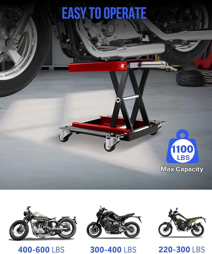 1100LBS Motorcycle Lift Scissor Jack with Dolly Wheels & Hand Crank, Heavy Duty Adjustable Bike Lift Stand with Foldable Non-Slip Platform for Cruiser, Dirt Bike, ATV Garage Repair