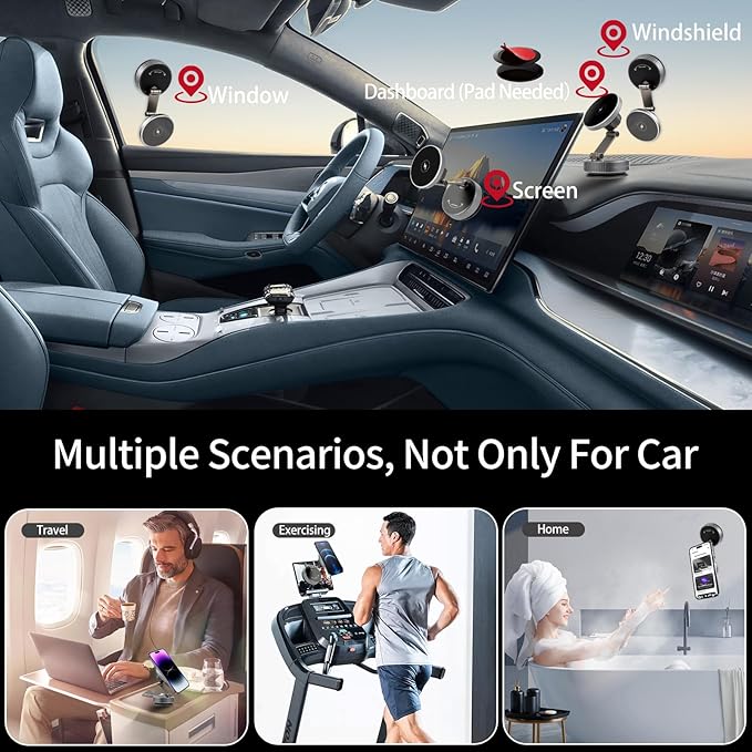 MagSafe Car Mount Charger for iPhone-15W Fast Wireless Charging, 360° Rotation Adjustable Car Phone Holder, 120LBS Strongest Vacuum Suction, 2800gf Strong Magnetic Phone Holders for Your Car