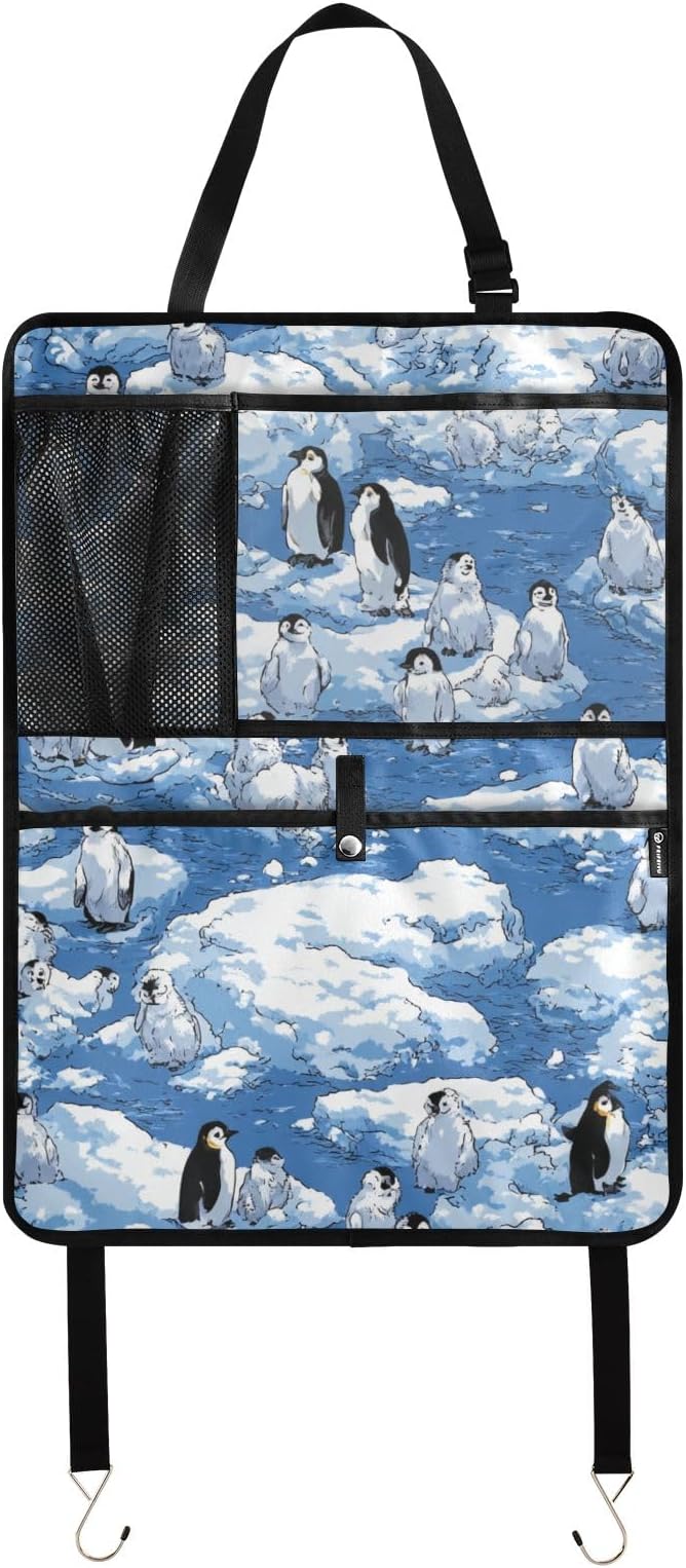 1 Pack Back Seat Car Organizer with Storage Pockets Kick Mats Back Seat Protector Hanging Car Organizer Automotive Seat Back Cover Organizers Blue Penguins Ice Flowers Snow