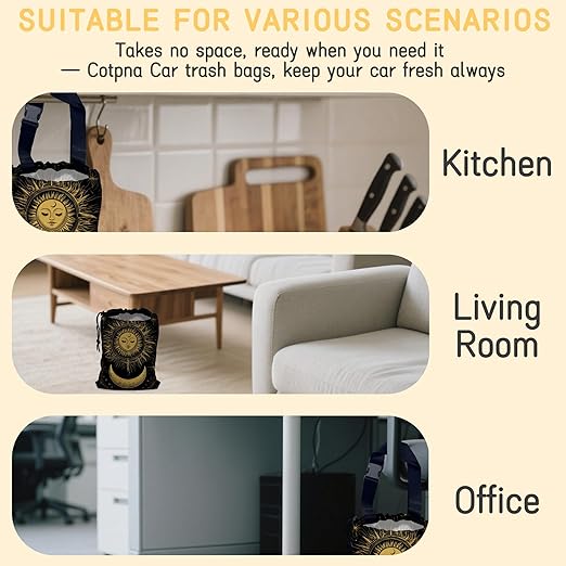 Vintage Sun and Moon Car Garbage Bag, Small Car Trash Bag Hanging,Drawstring Car Garbage Bag with Adjustable Buckle for Car Back Seat,SUVs,Camping,Road Trips