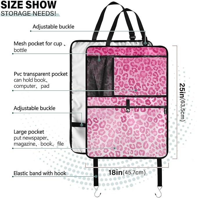 1 Pack Back Seat Car Organizer with Storage Pockets Kick Mats Back Seat Protector Hanging Car Organizer Automotive Seat Back Cover Organizers Gradient Pink Leopard Print