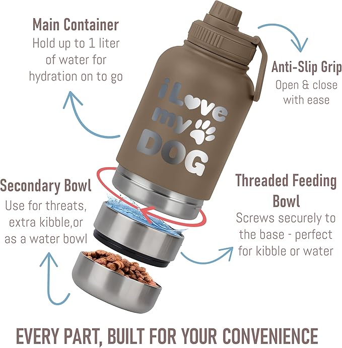 TEEAMORE I love My Water Tumbler with Bowls Personalized Stainless Steel Travel Bottle Brown