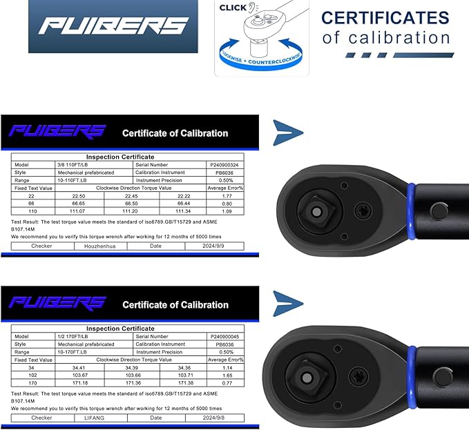 1/2 3/8 inch Drive Click Torque Wrench Set,2 Pcs Torque Wrenches 10-170 FT.LB/13.6-230.5Nm,10-110 FT.LB/13.6-149.2Nm,±3% High Accuracy Torquimetro for Bike, Moto and Car Repair